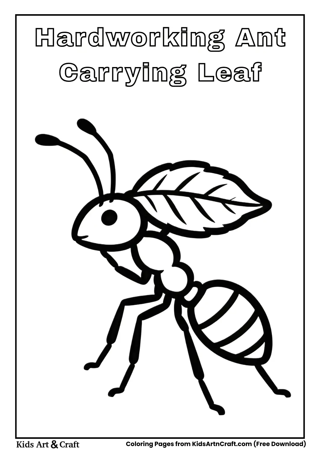 Ant carrying leaf black and white coloring page