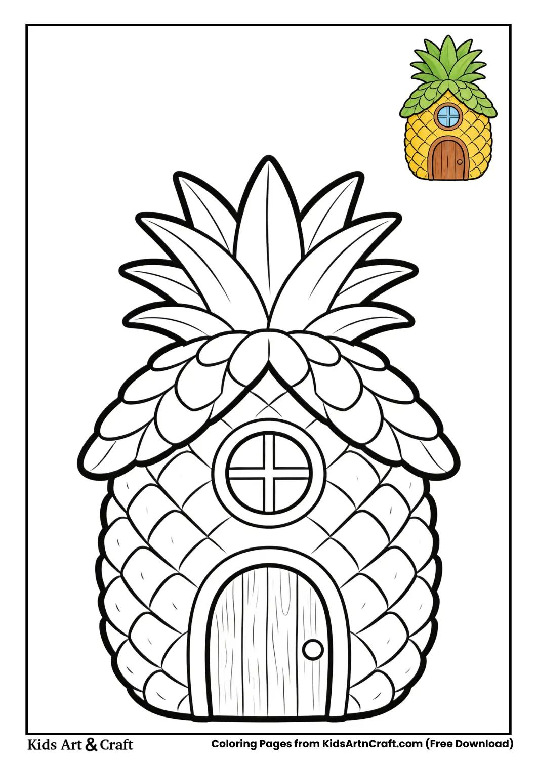 Pineapple-shaped house with leafy roof black and white coloring page