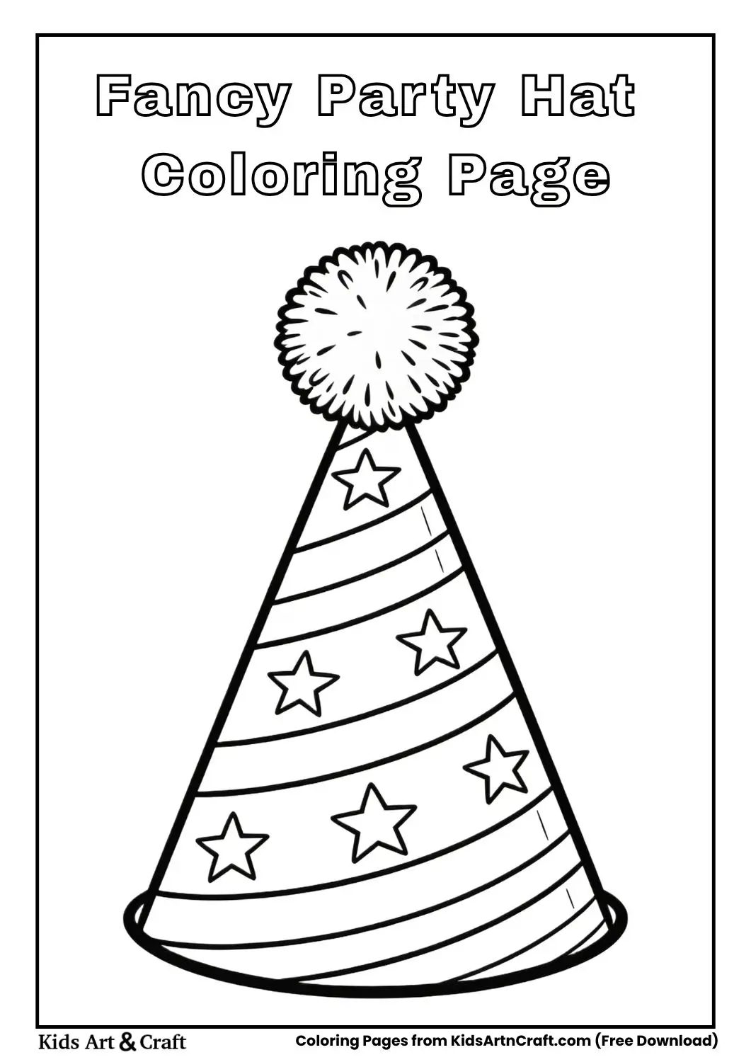 Tall fancy party hat with stars, stripes, and pom-pom coloring page