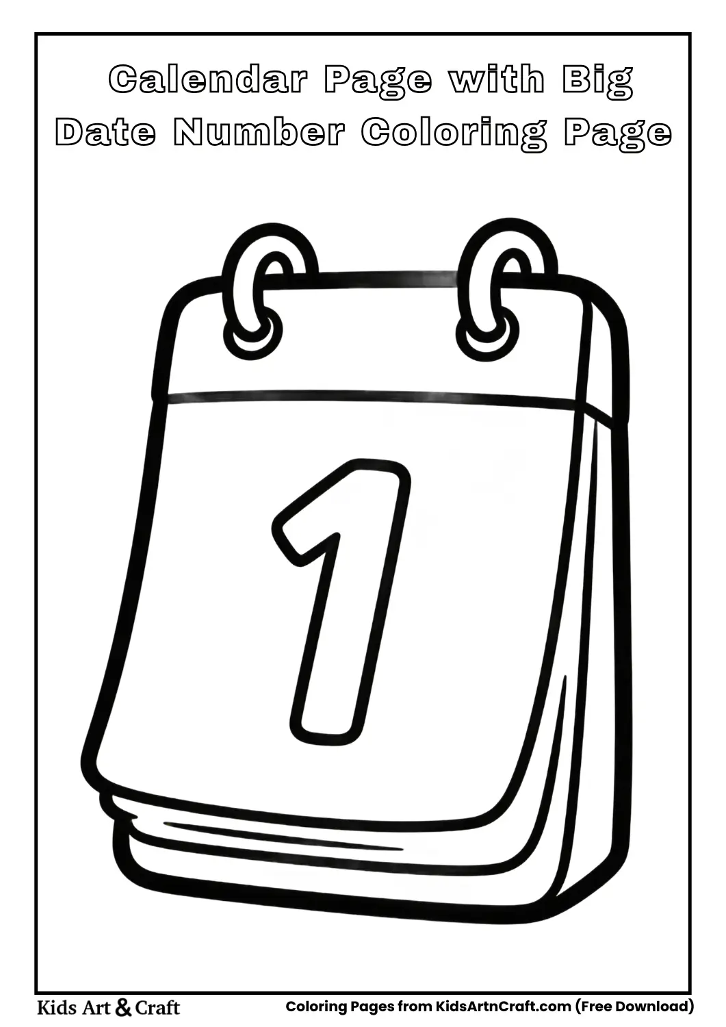 Simple calendar page with big date number coloring page for kids
