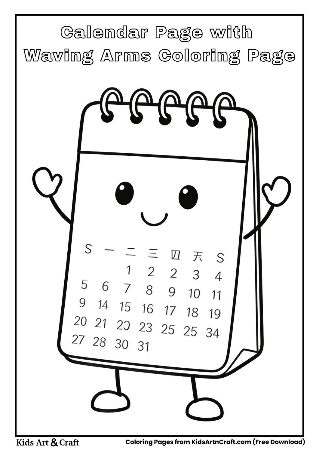 Calendar page with arms waving coloring page for children