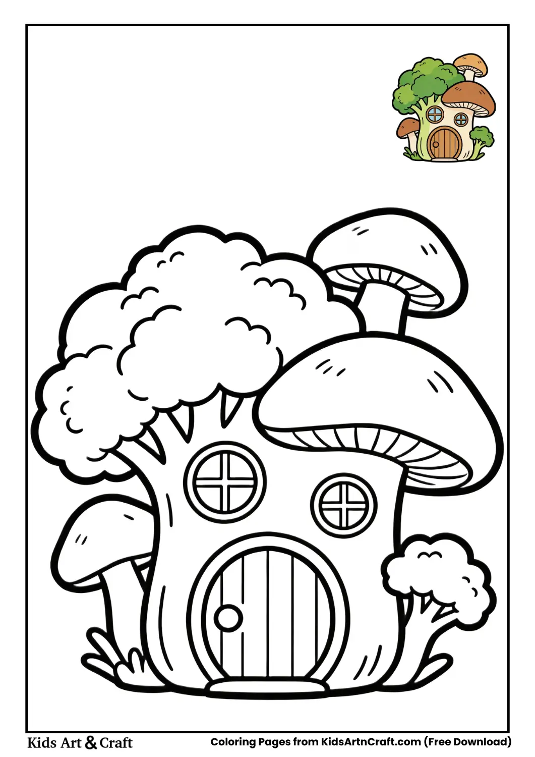 Broccoli and mushroom vegetable house black and white coloring page