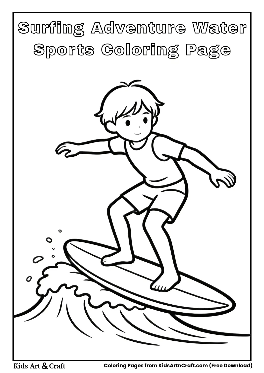 Child surfing on wave coloring page
