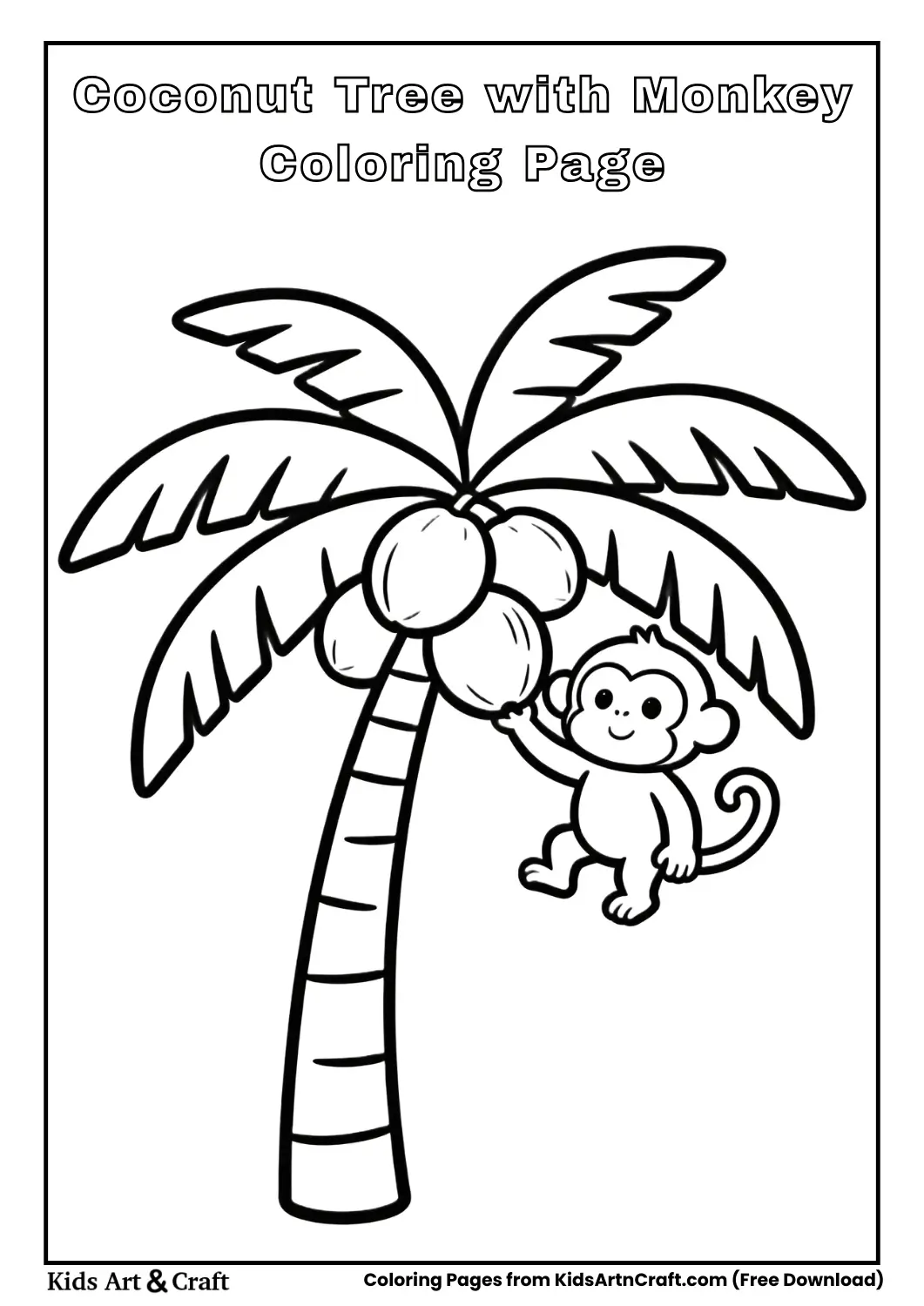 Coconut tree with monkey sitting on top coloring page for kids