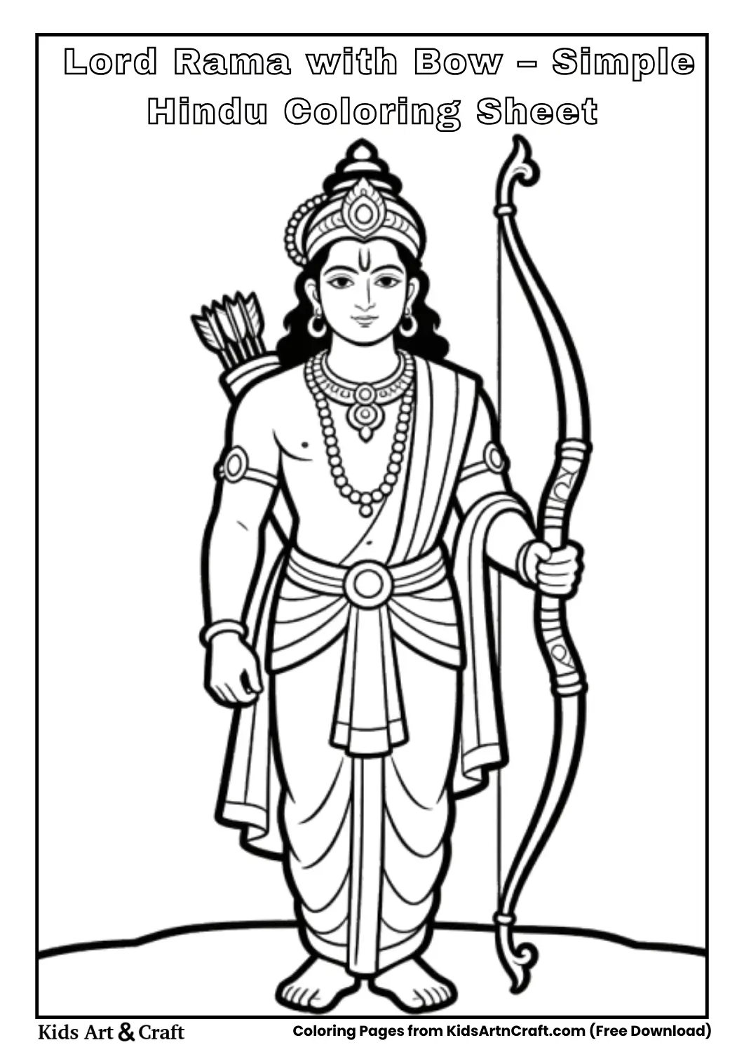 Lord Rama holding bow, clean black and white coloring page for kids