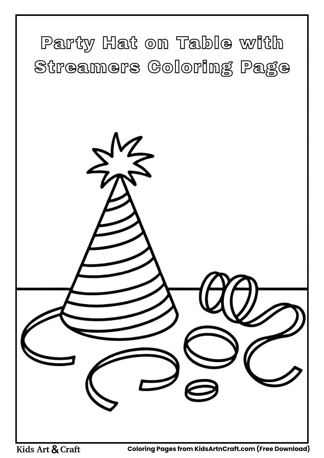 Party hat lying on a table with streamers coloring page for kids