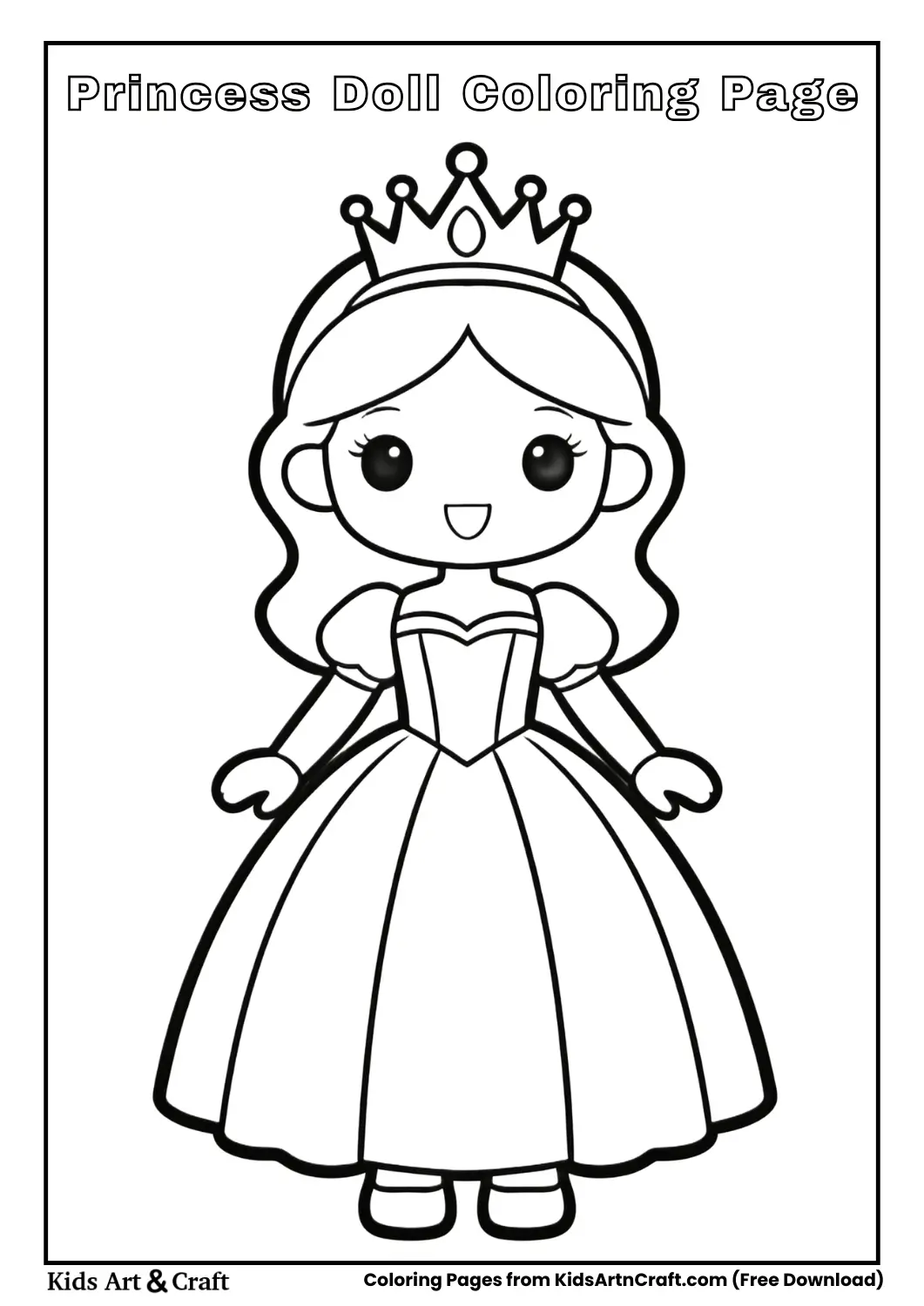 Princess doll wearing crown and gown coloring page