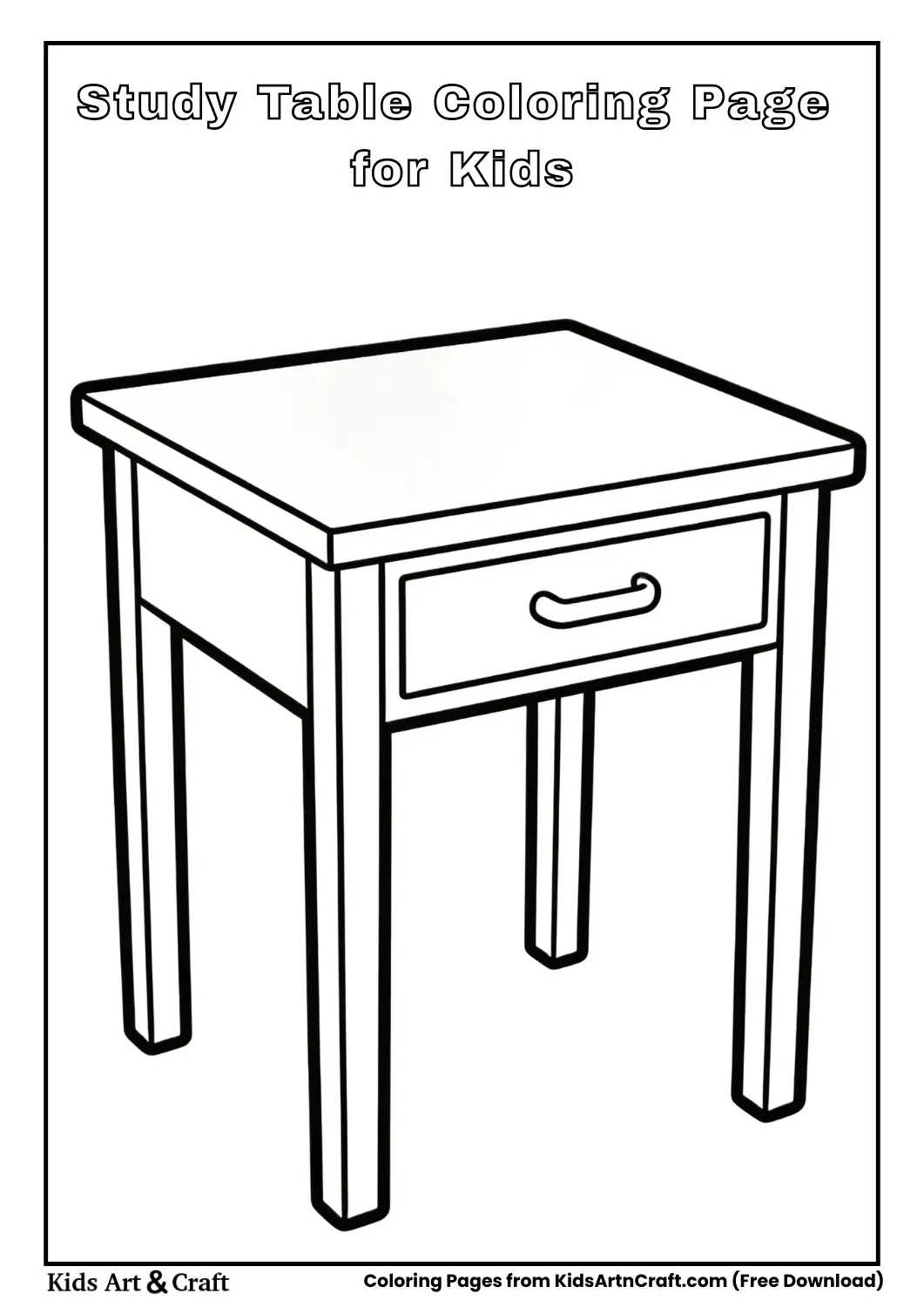Study table coloring page with drawer for kids