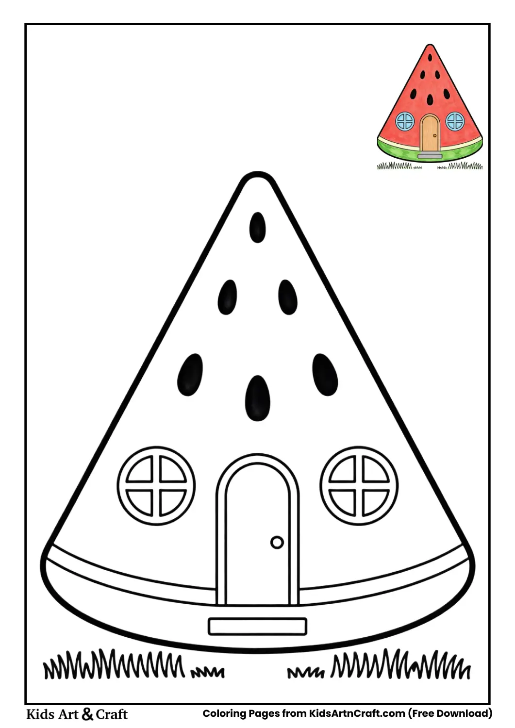 Watermelon slice house coloring page with round windows