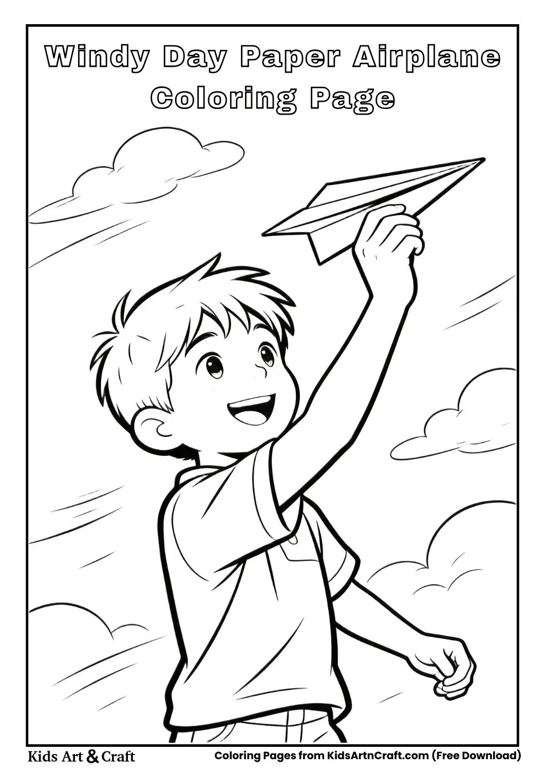 Boy flying paper airplane on windy day coloring page