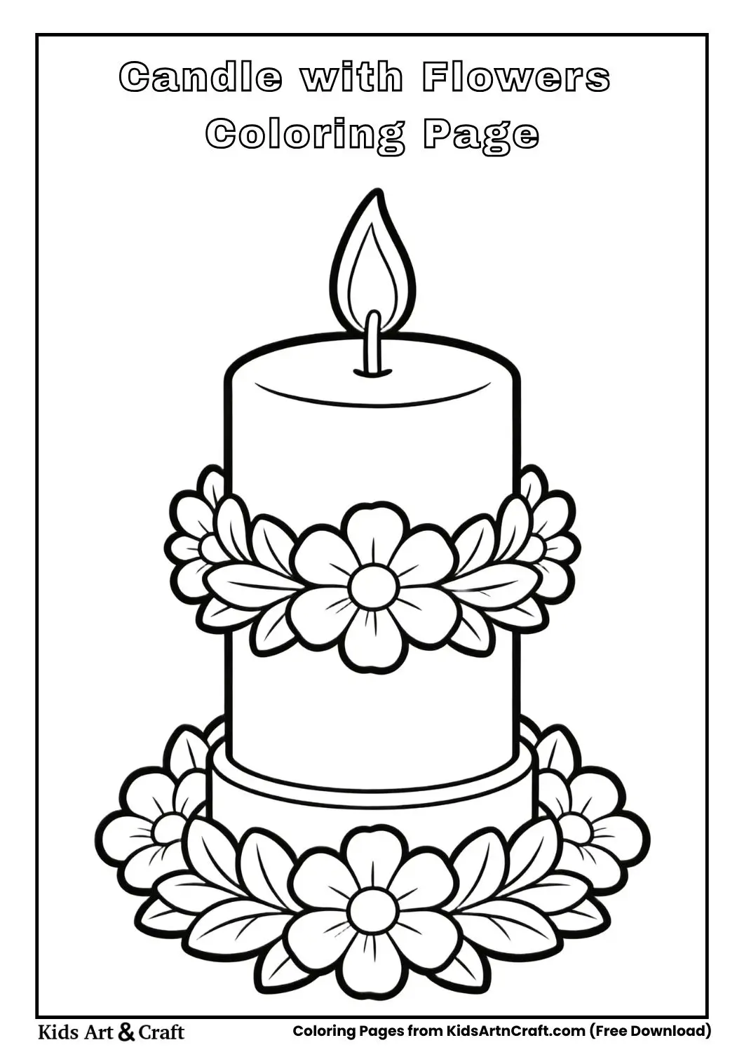 Coloring page of a candle surrounded by flowers.