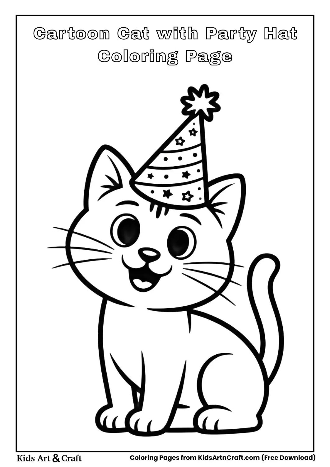 Smiling cartoon cat wearing a striped party hat coloring page