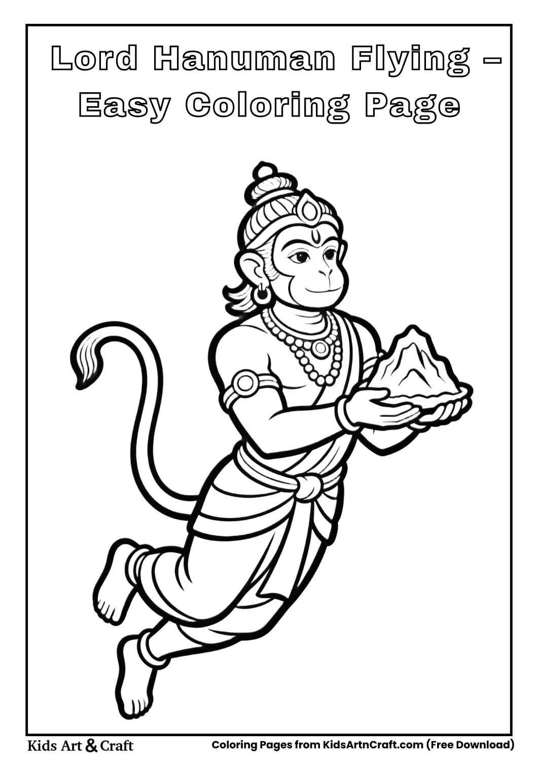 Simple line art of Hanuman flying with mountain, bold outline coloring page