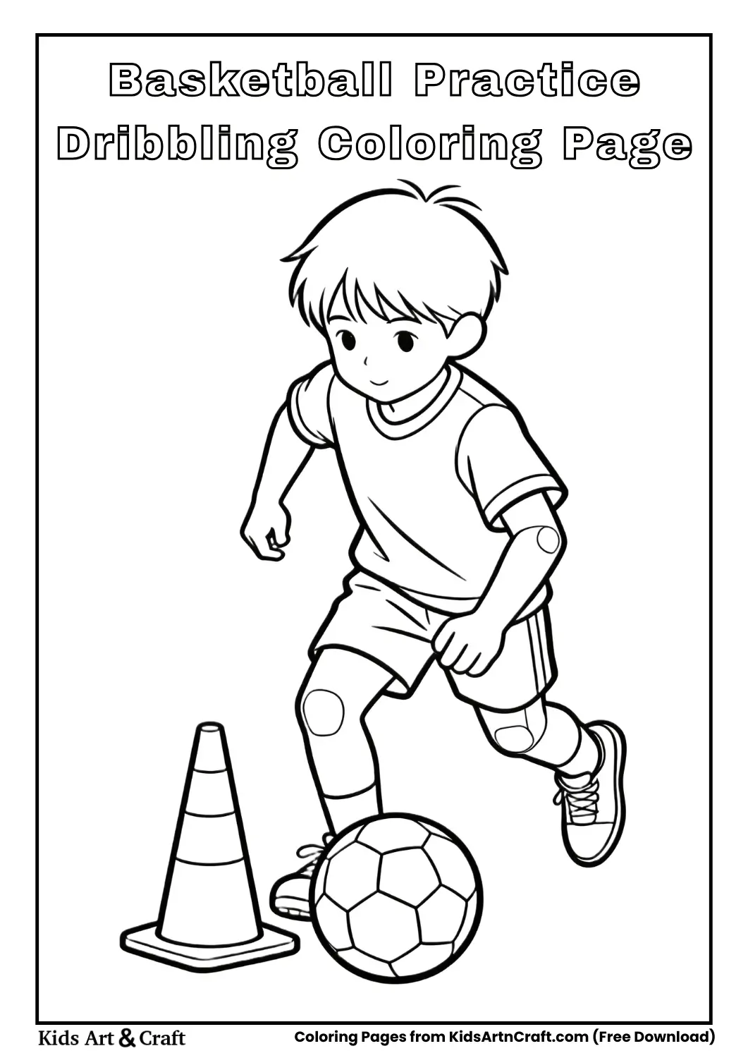 Kid practicing basketball dribbling around cone coloring page