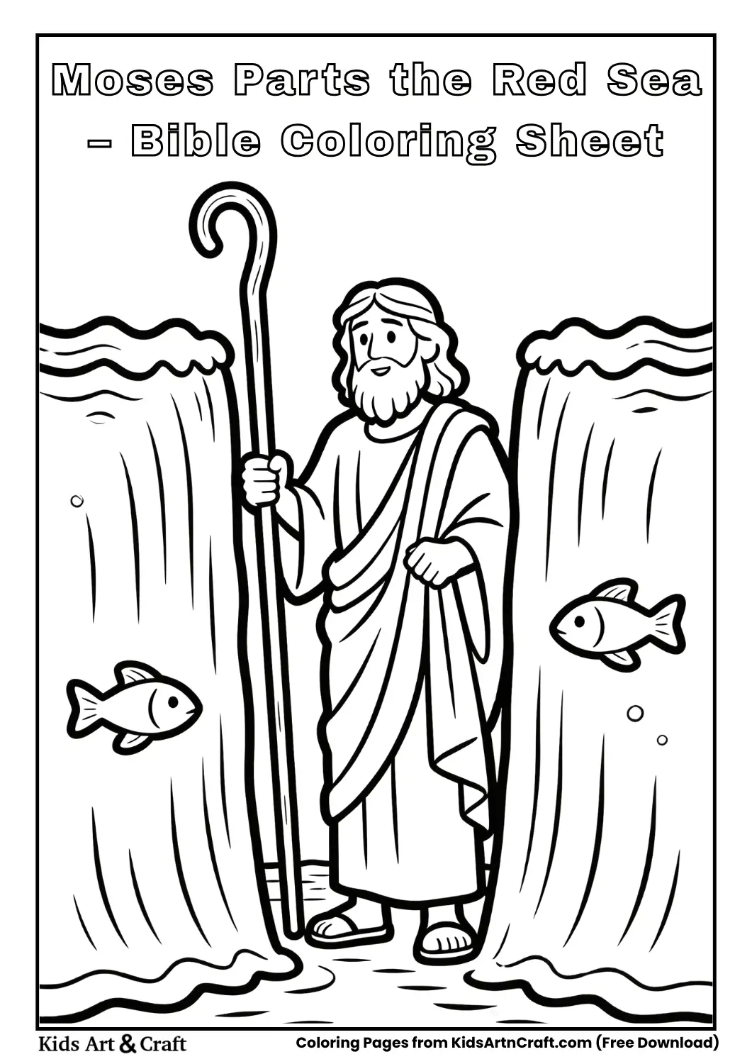 Moses holding staff with parted sea, simple kids coloring page