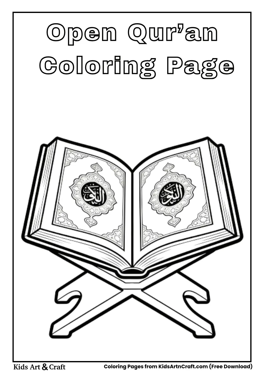 Open Qur’an on wooden stand simple black and white coloring page