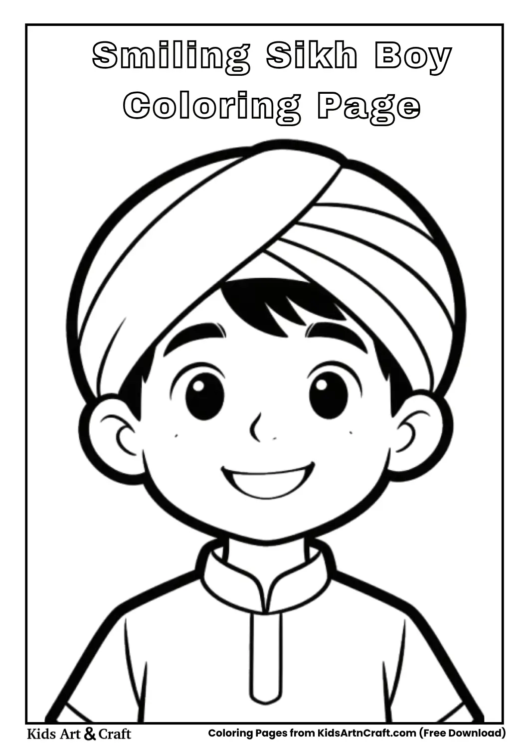 Cartoon style Sikh boy wearing a turban in black and white line art