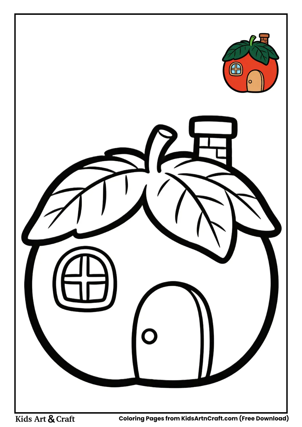Tomato-shaped house with leafy roof black and white coloring page