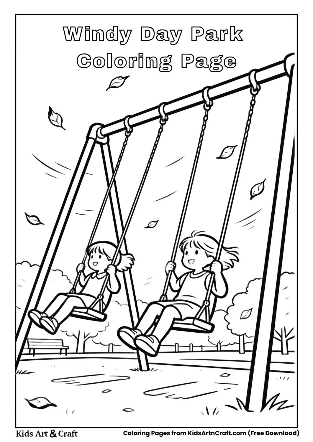 Windy park with swings and trees coloring page