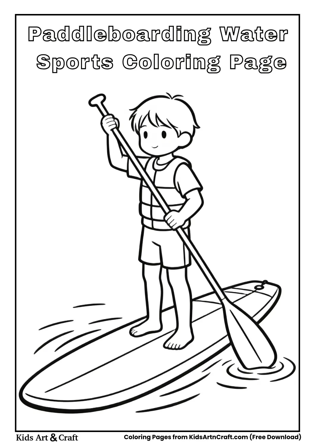 Child paddleboarding water sports coloring page