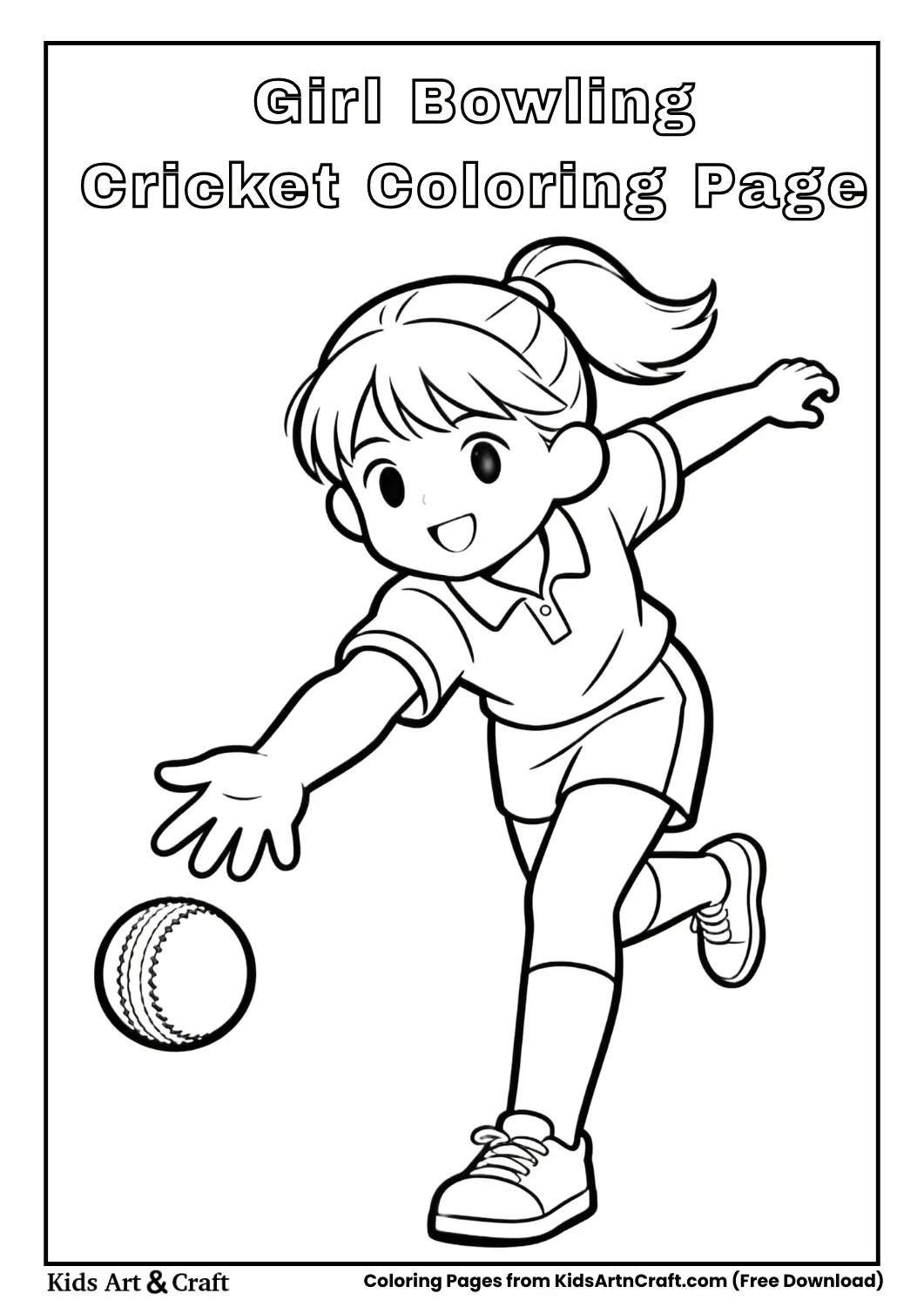 Cartoon girl bowling cricket ball outline