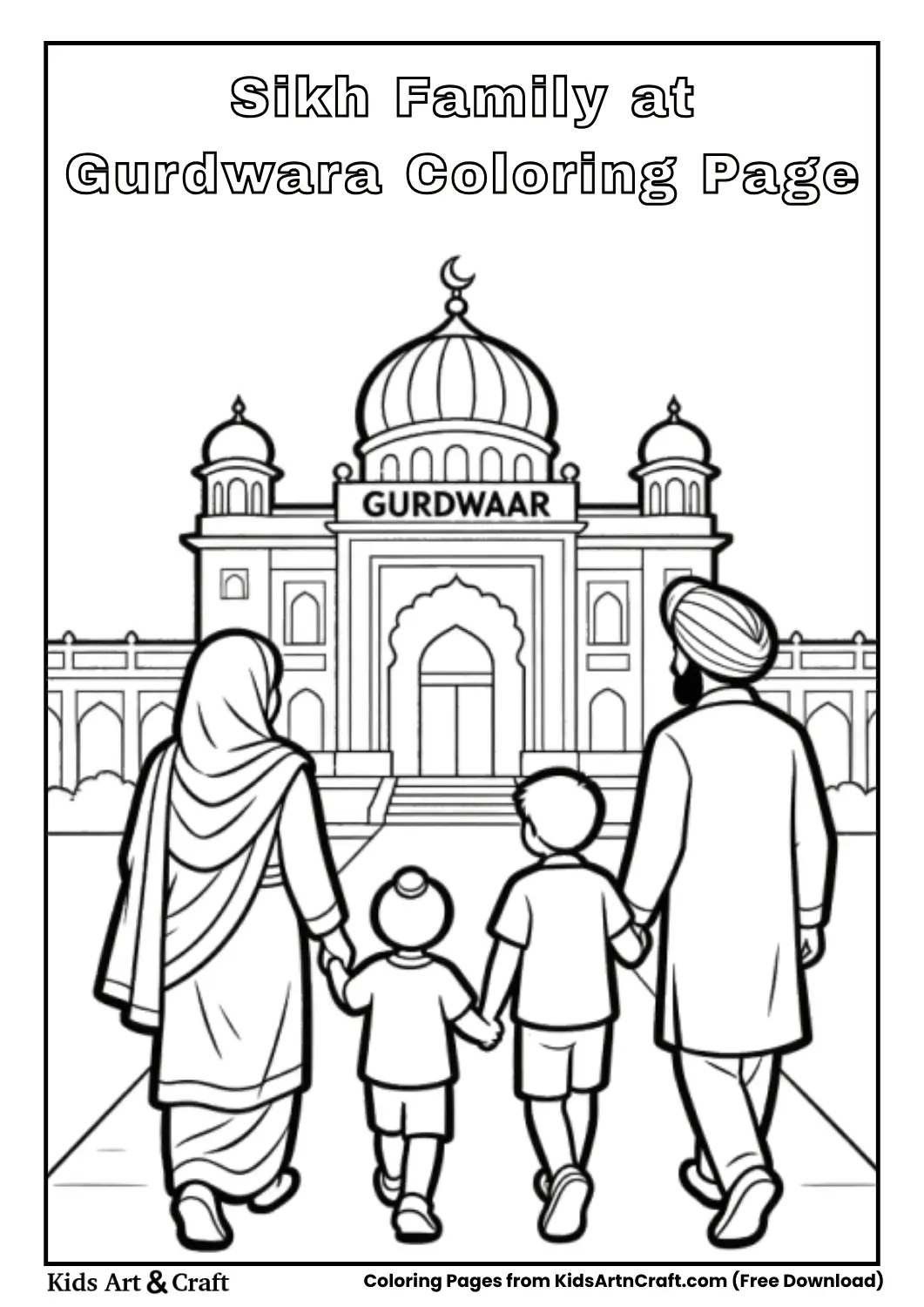 Black and white line art of a Sikh family walking to Gurdwara