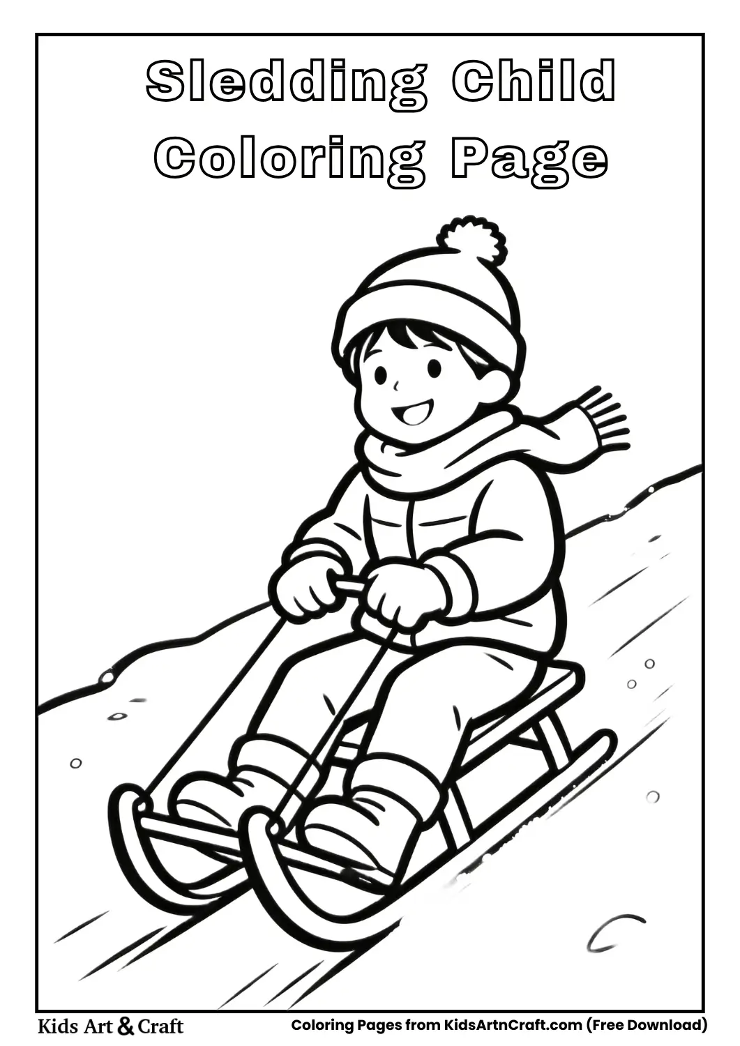 Child sledding downhill winter coloring page