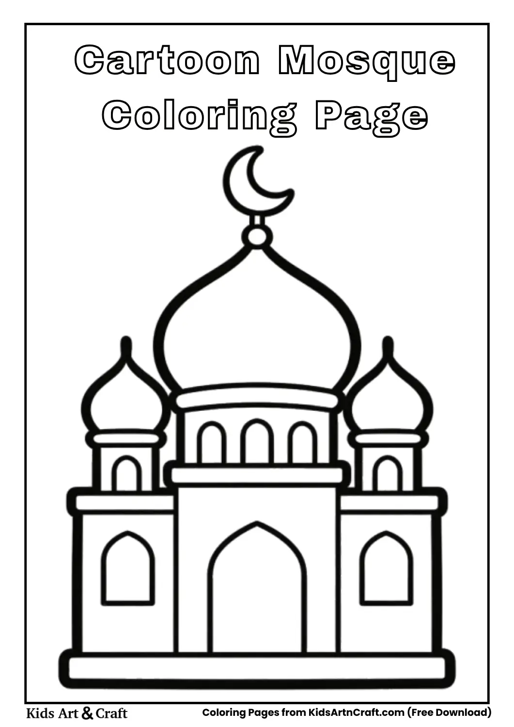 Cartoon mosque with crescent moon black and white coloring page