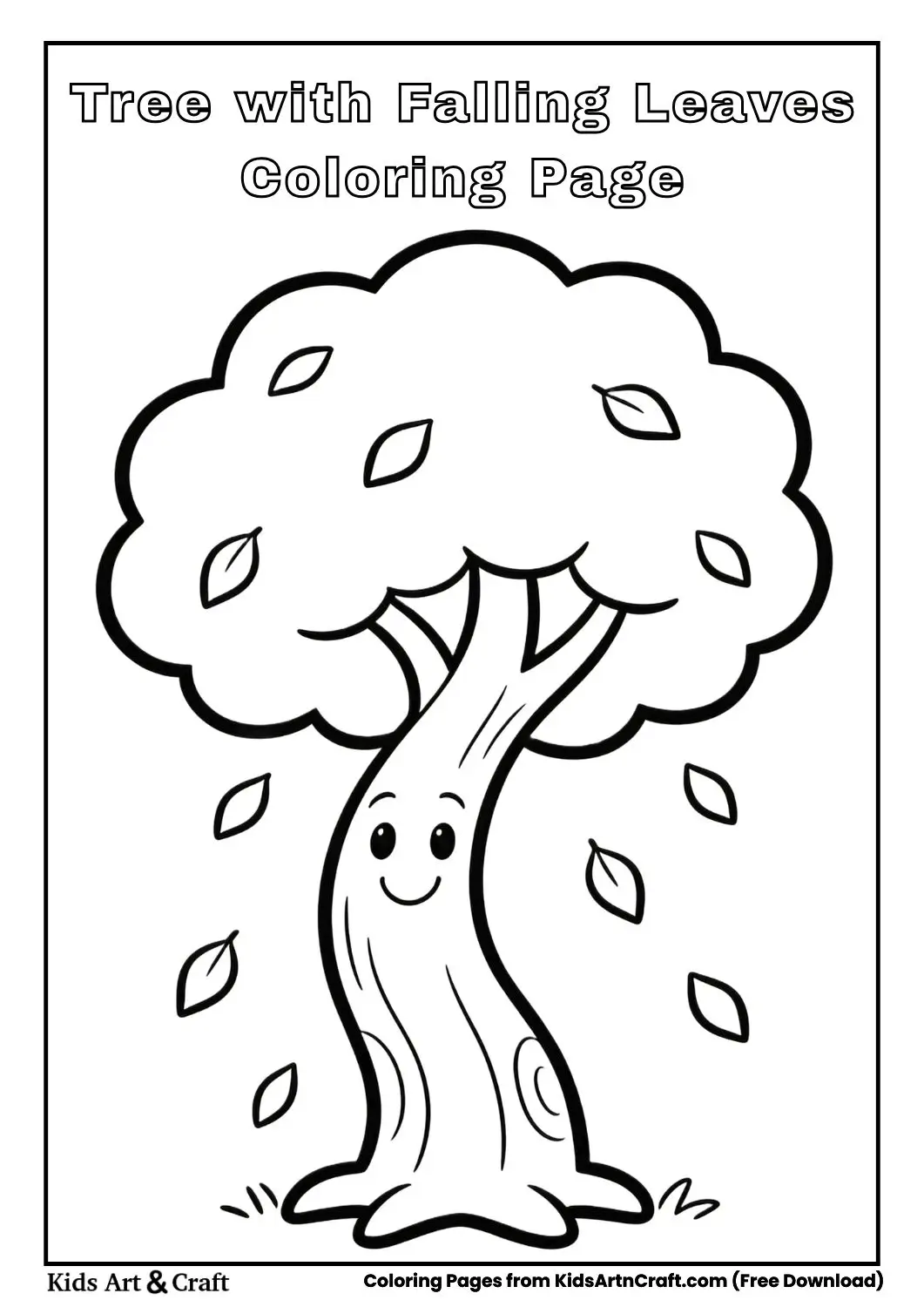 Tree with falling leaves coloring page for kids