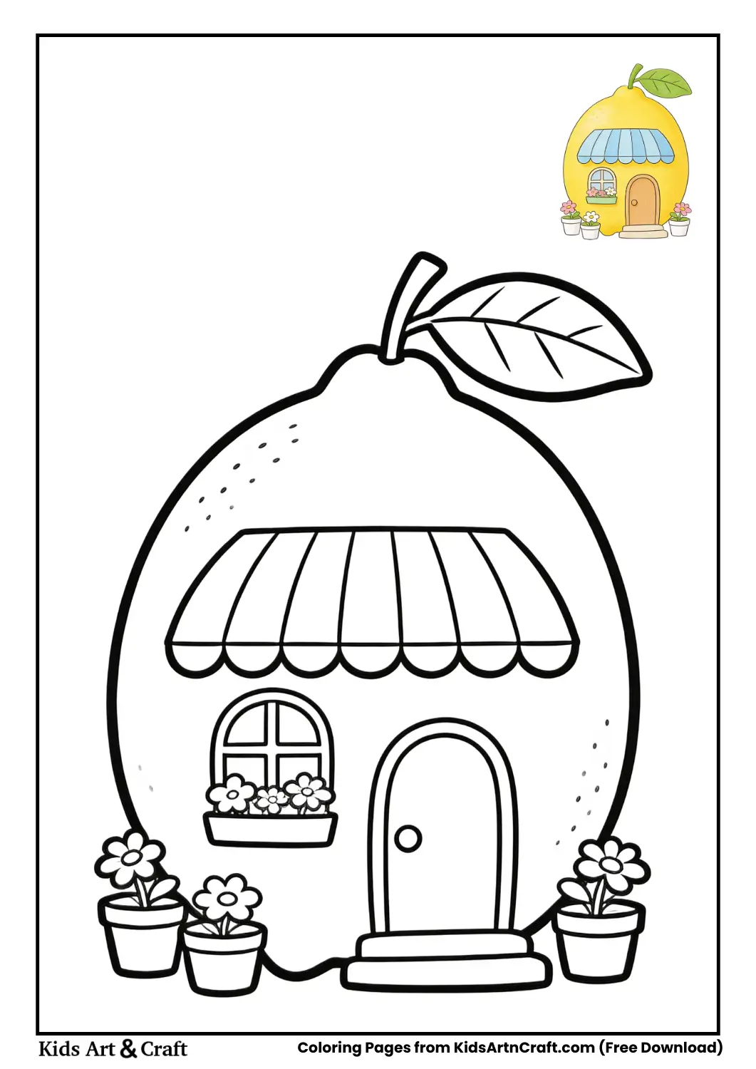 Lemon house coloring page with striped awning and flower pots