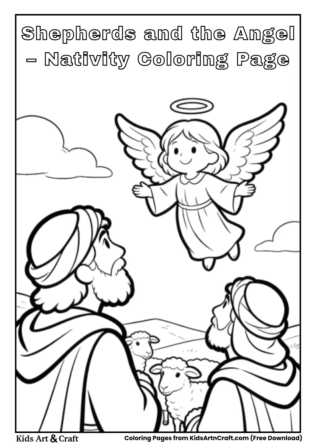 Shepherds looking at angel in sky, simple line art