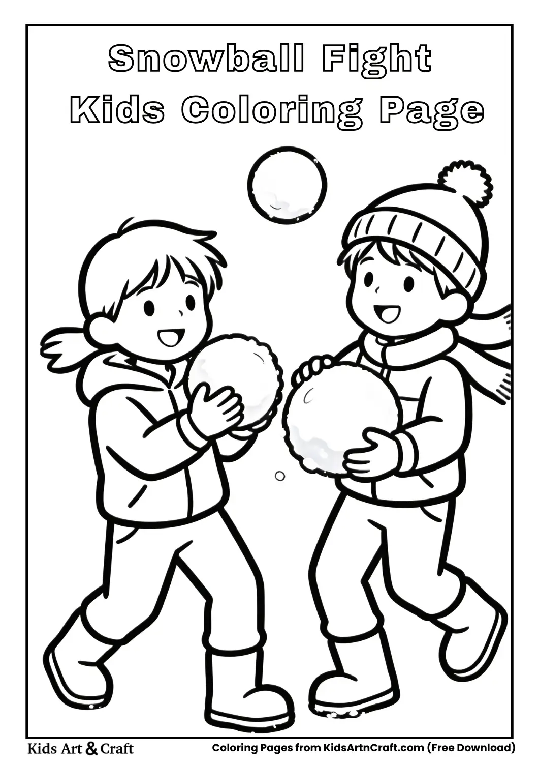 Kids having snowball fight coloring page