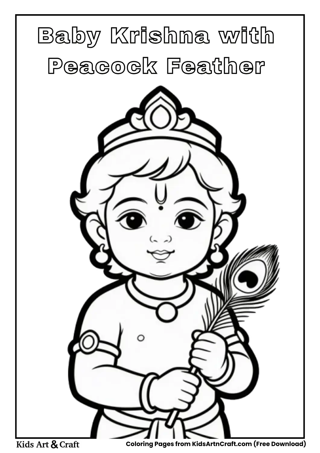 Baby Krishna holding peacock feather easy coloring page