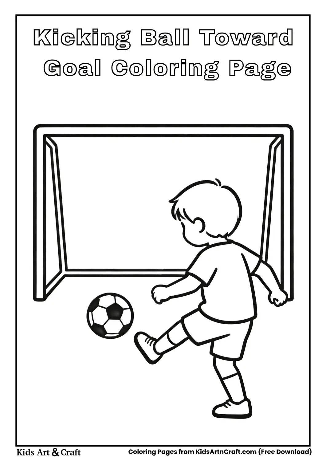 Kid kicking football toward goal coloring page