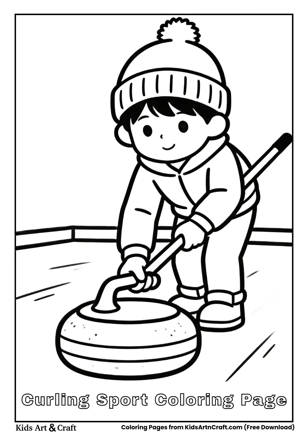 Child playing curling winter sports coloring page