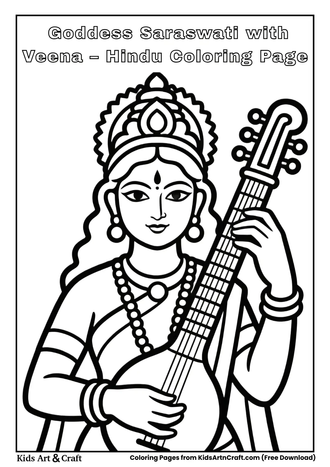 Black and white simple drawing of Saraswati holding veena