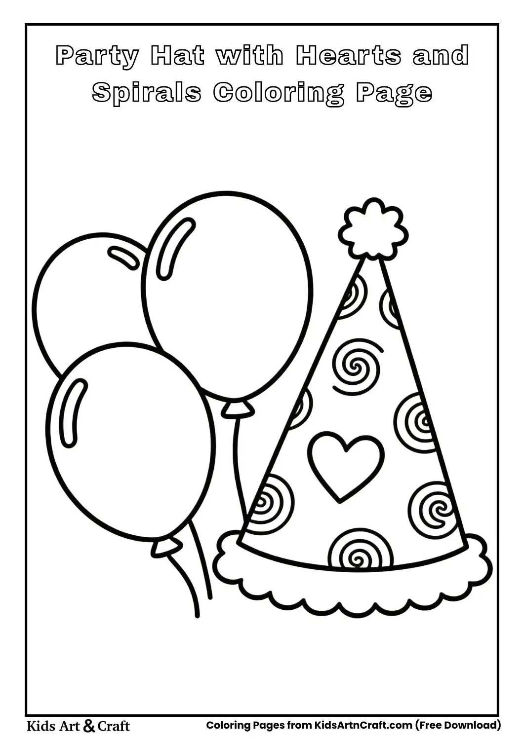 Party hat with hearts and spirals coloring page