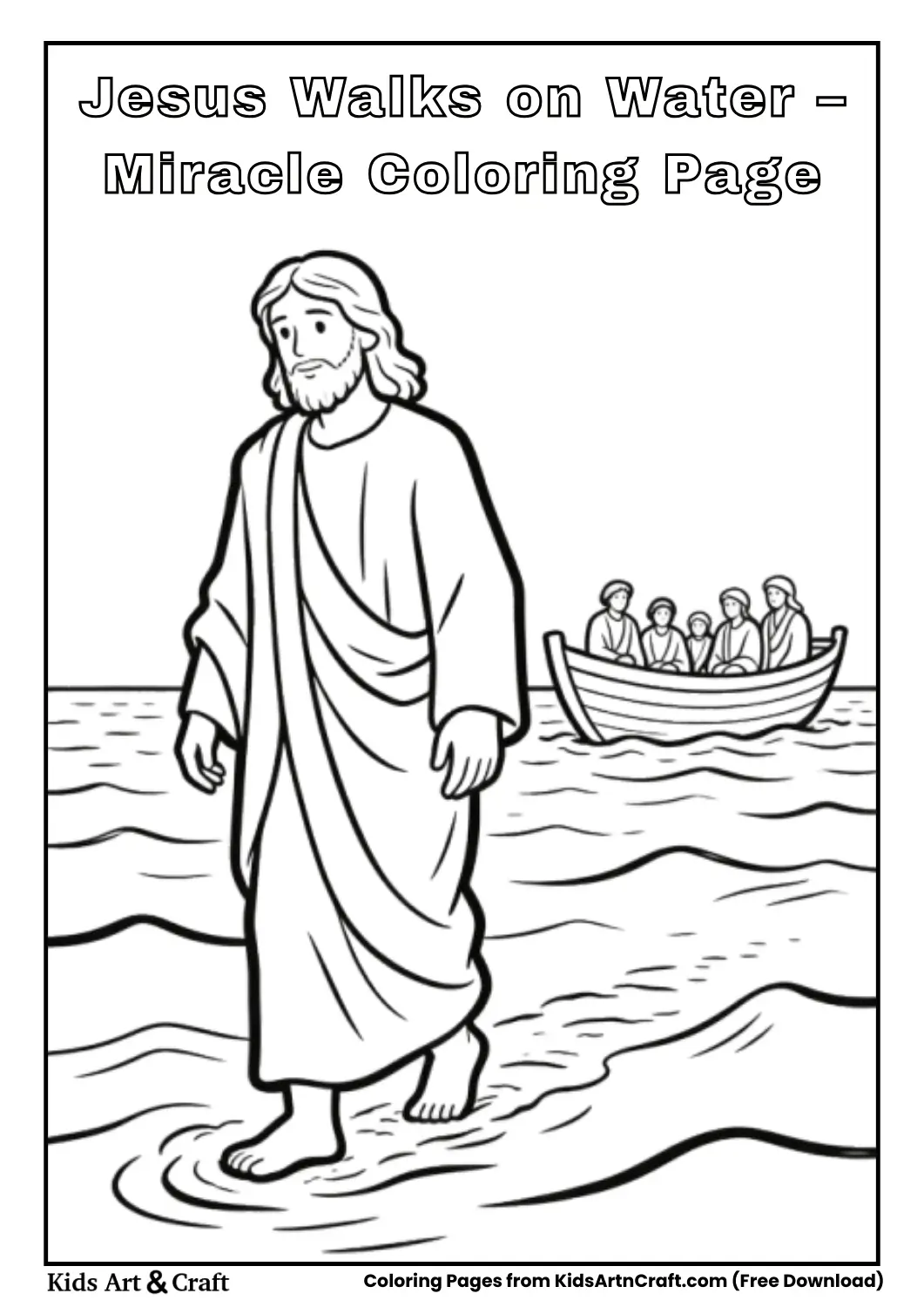 Jesus walking on calm waves near boat, kids coloring sheet