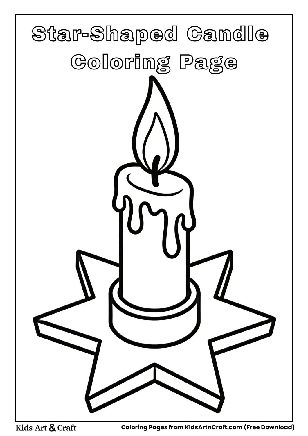 Black and white coloring page of a star-shaped candle.