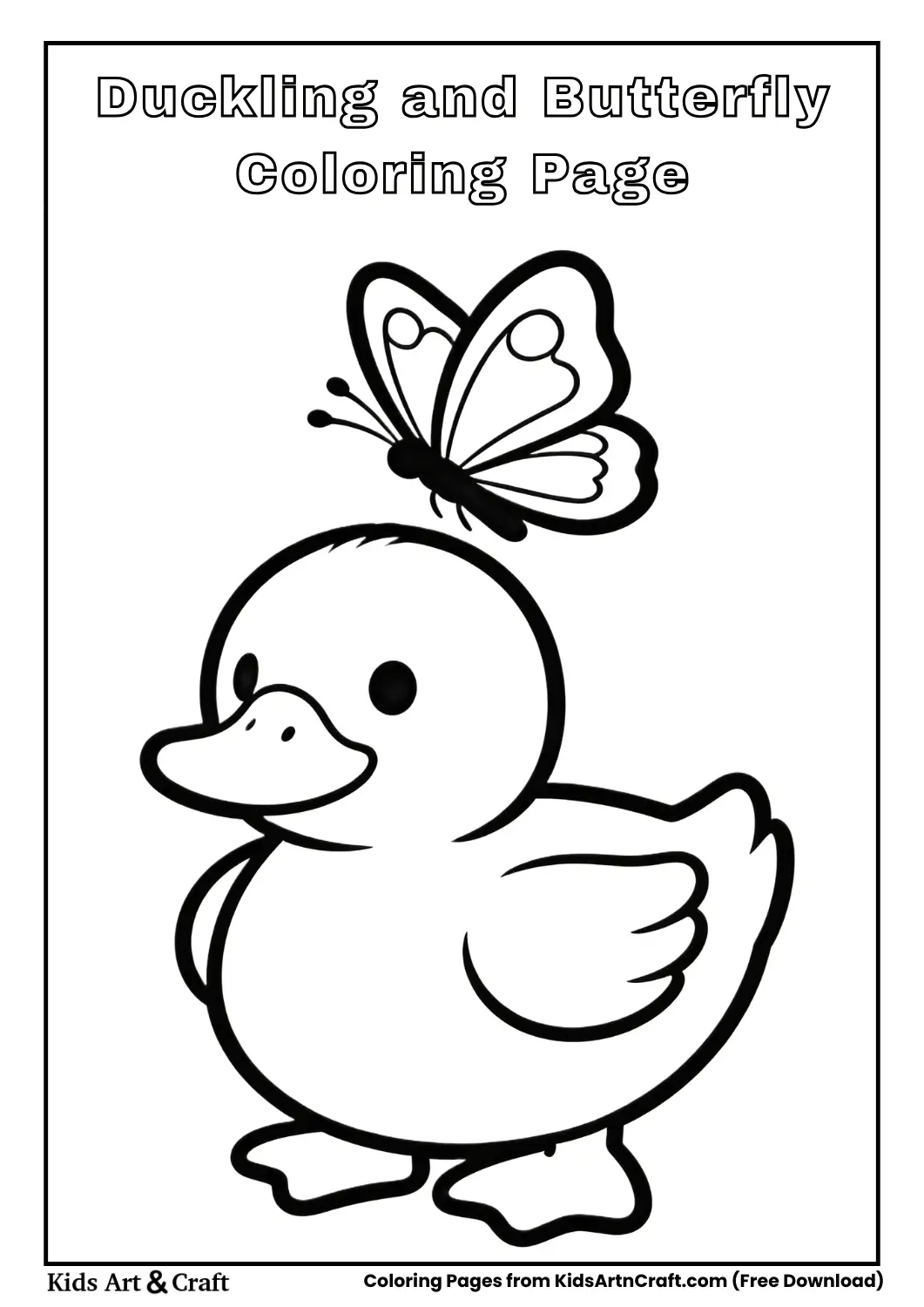 Cute duckling with butterfly simple outline coloring page