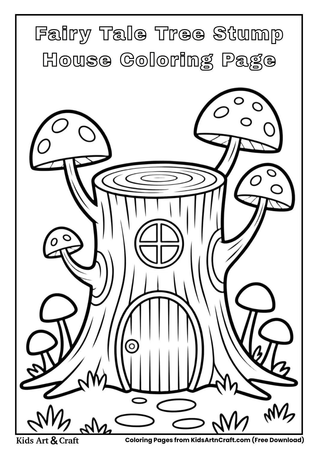 Fairy tale tree stump house with small door and window coloring page