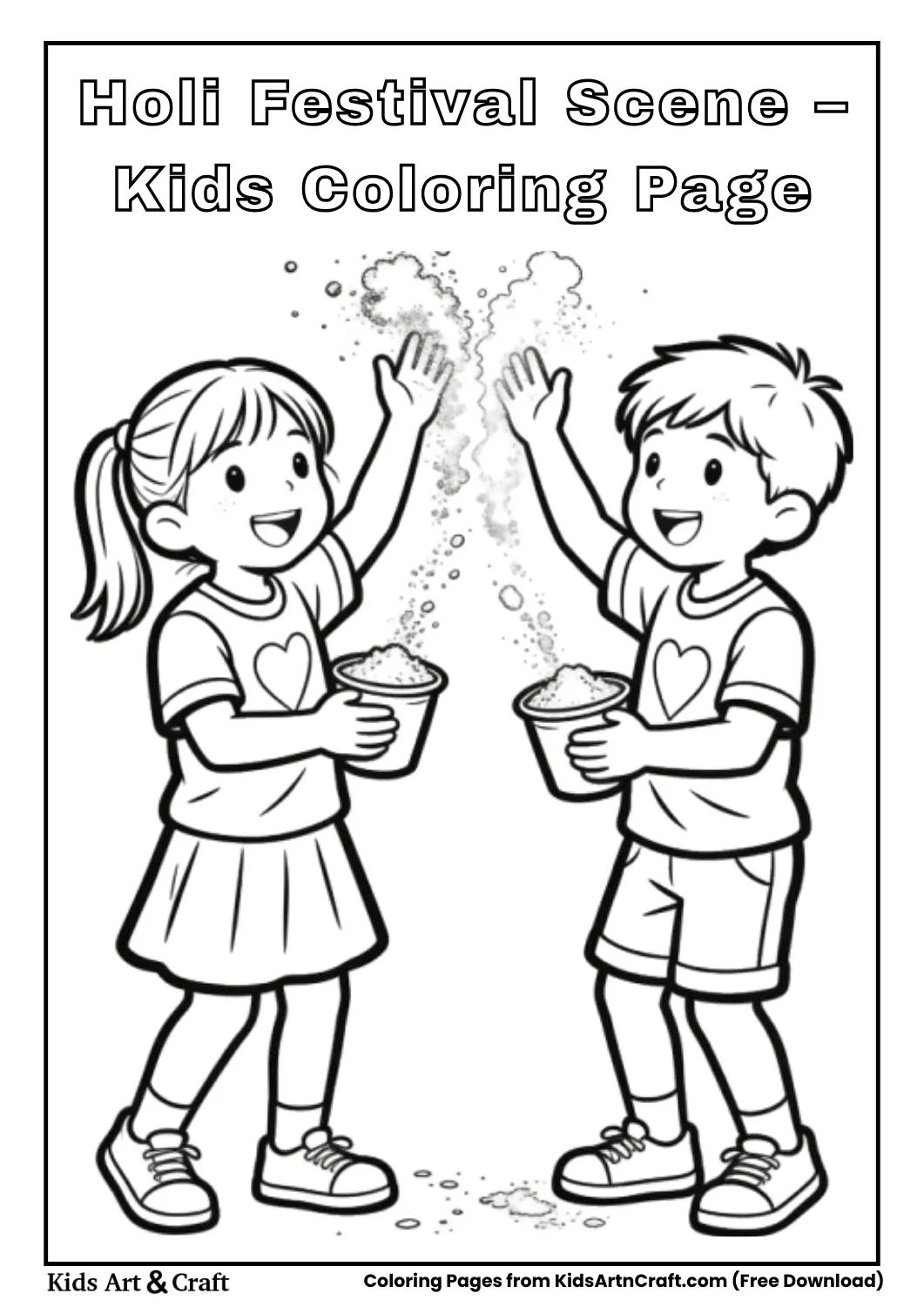 Children playing Holi with color powder, simple line art