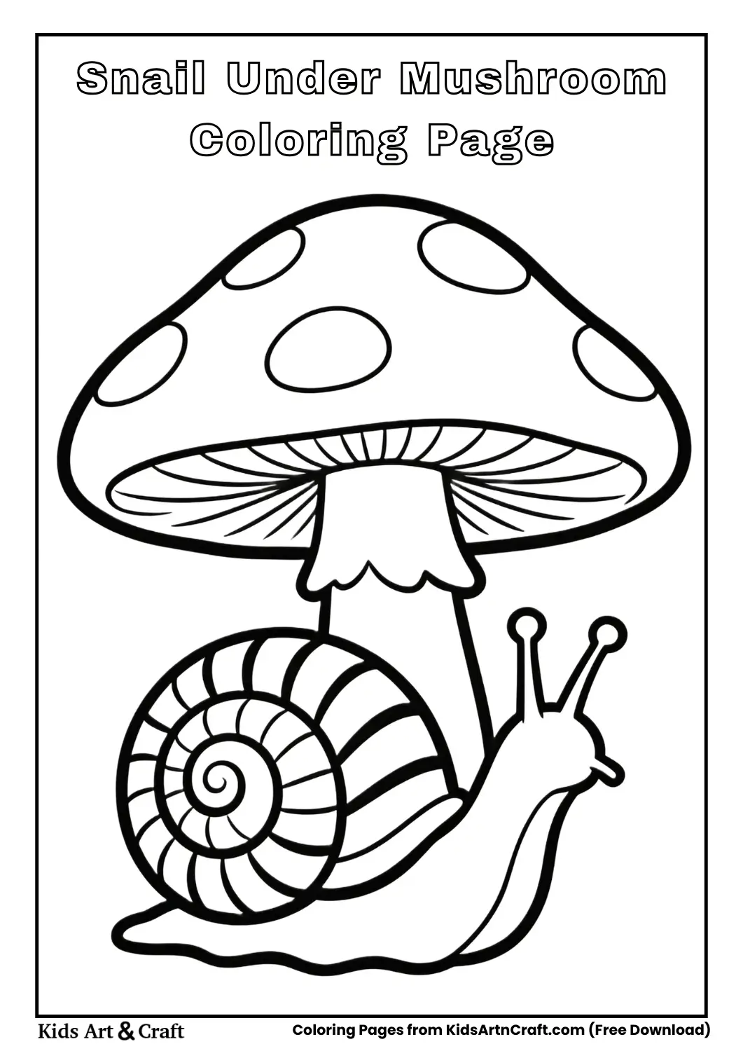 Snail with wide spiral shell sitting under mushroom outline