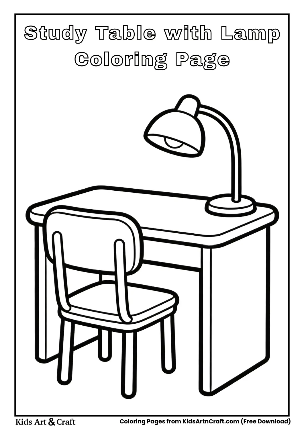 Study table with lamp coloring page for kids