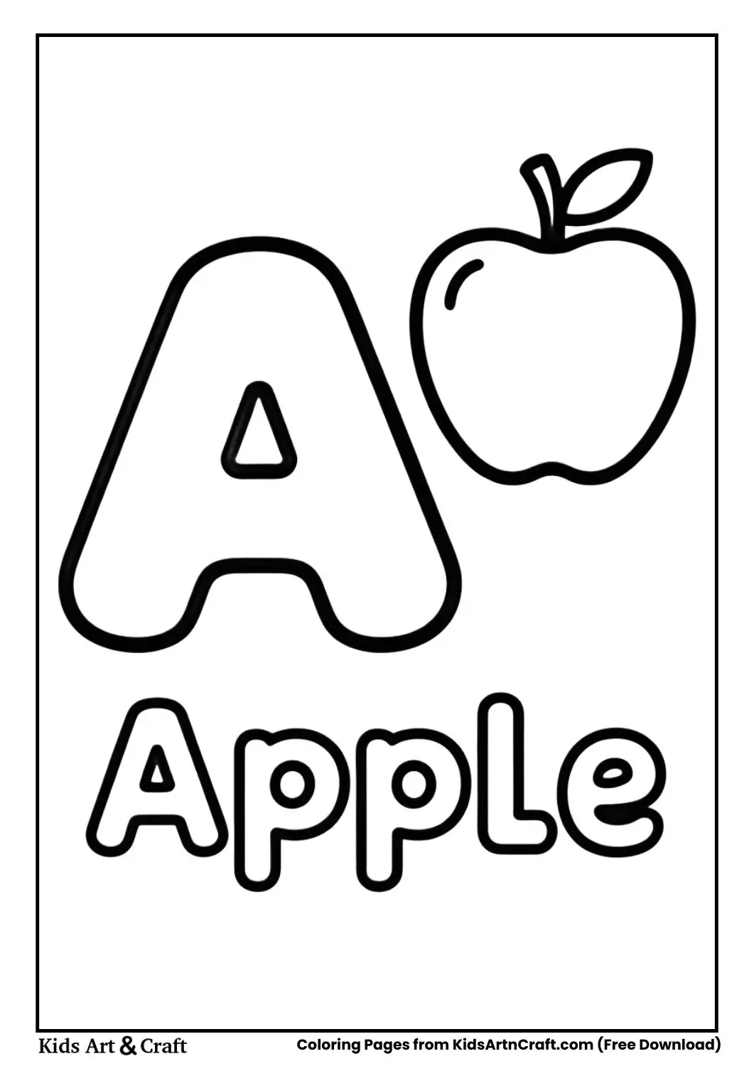 A for Apple coloring page with bold letter A and apple illustration