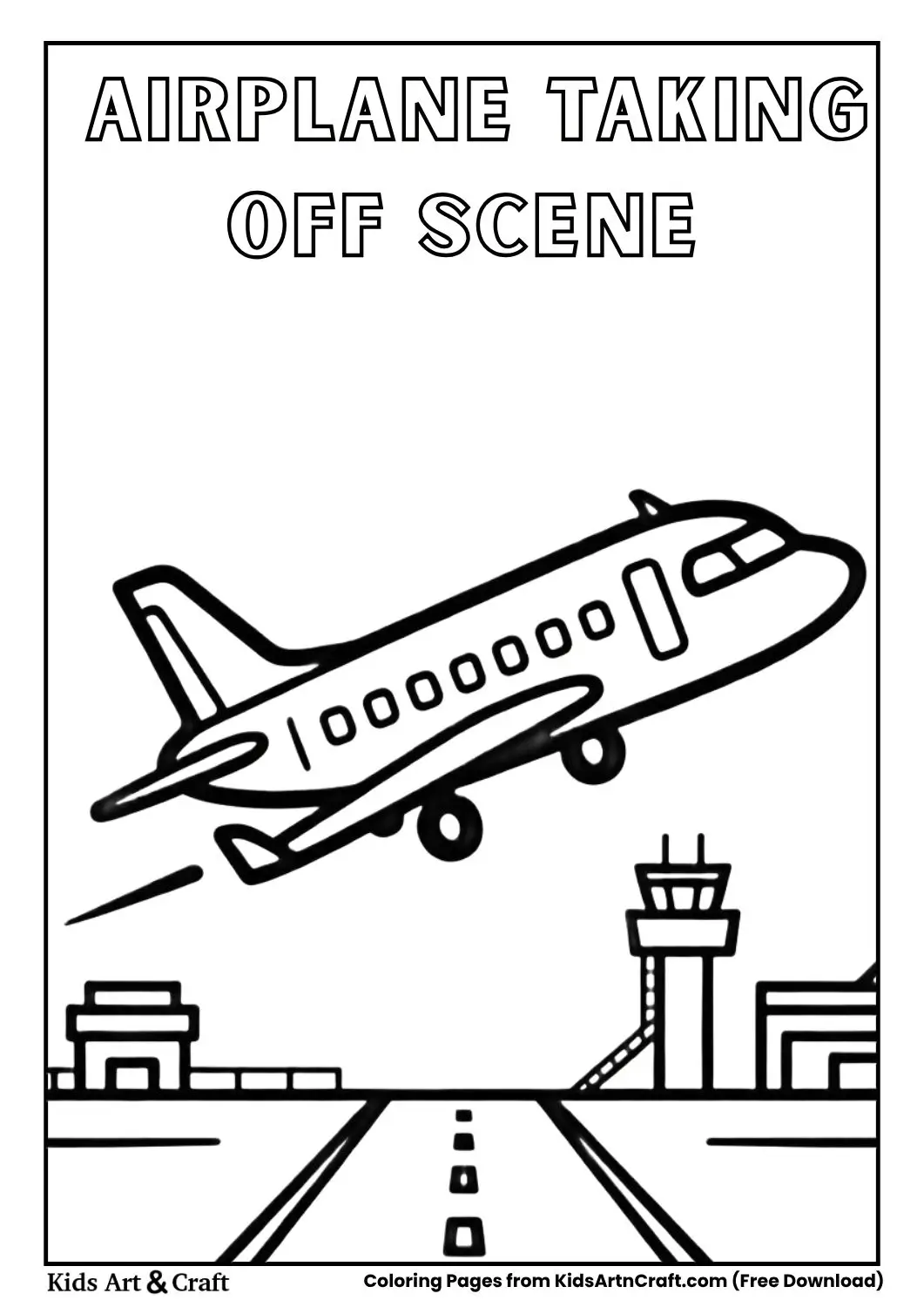 Simple airplane taking off from runway with control tower