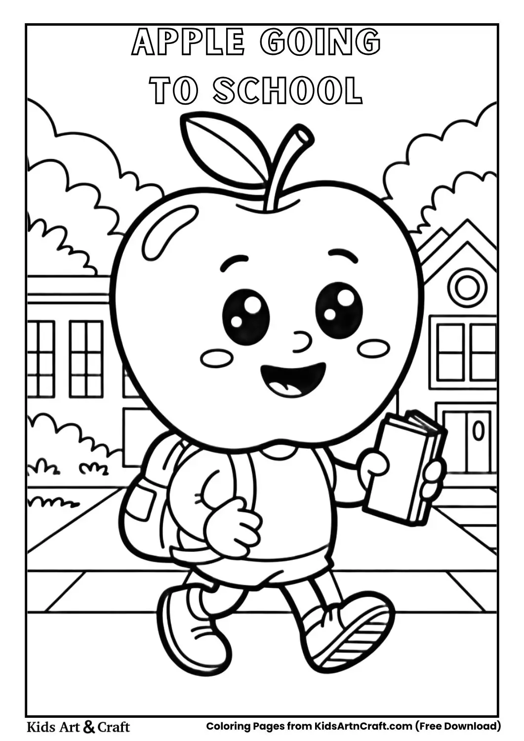 cute apple character wearing backpack walking to school coloring page