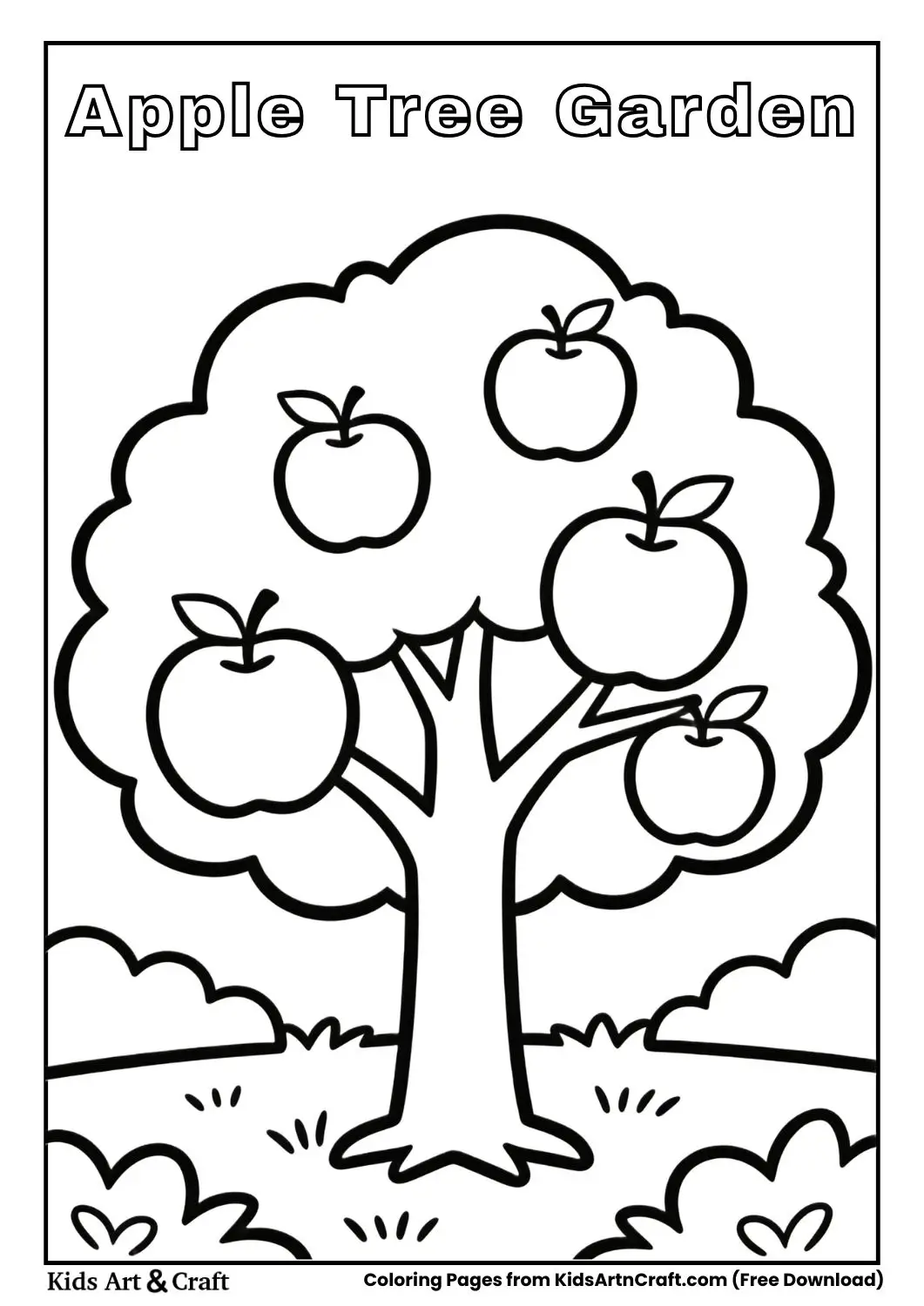Black and white apple tree with large apples in a simple garden setting for kids coloring