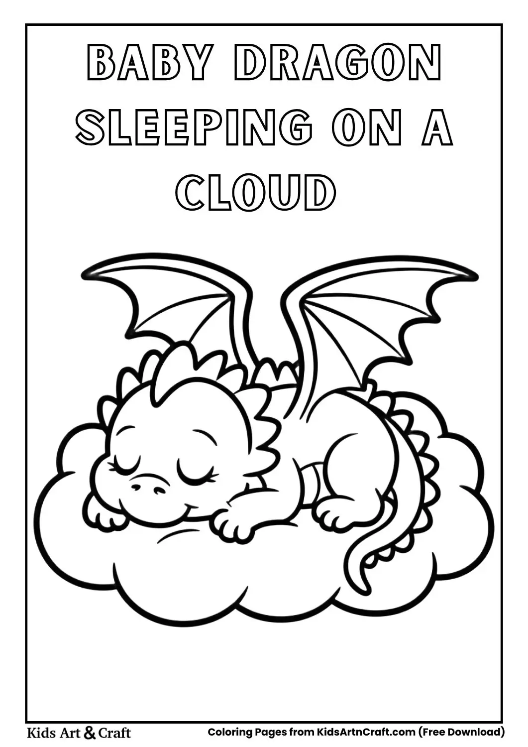 Cute baby dragon sleeping peacefully on a fluffy cloud coloring page