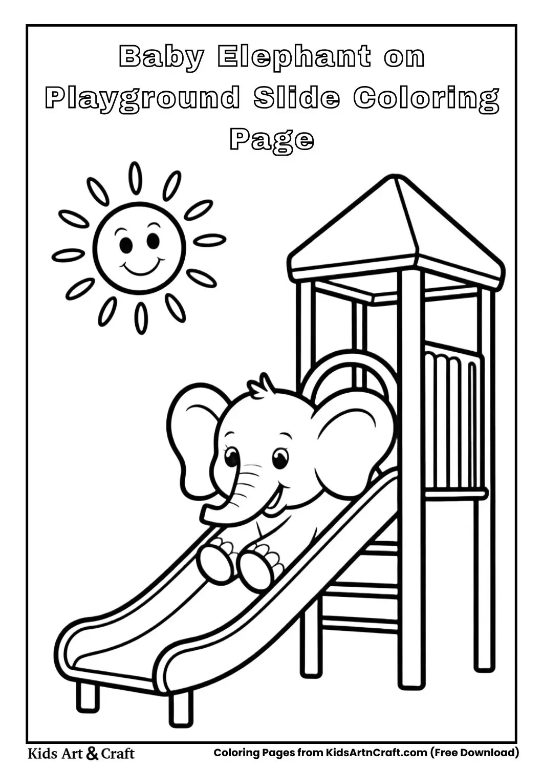 Baby elephant sliding down a simple playground slide in black and white line art